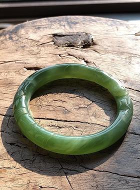 55天然碧玉手镯猫眼宝石级粉青圆条镯子和田玉手工精雕大师级超值