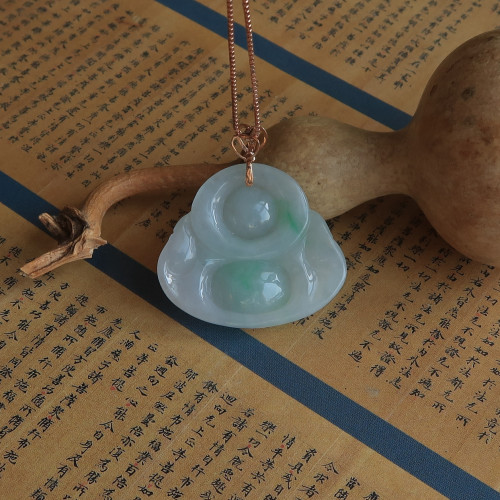 {明月伴我心}隆和斋珍藏缅甸老坑18K金镶嵌飘阳绿翡翠佛公吊坠 - 图0