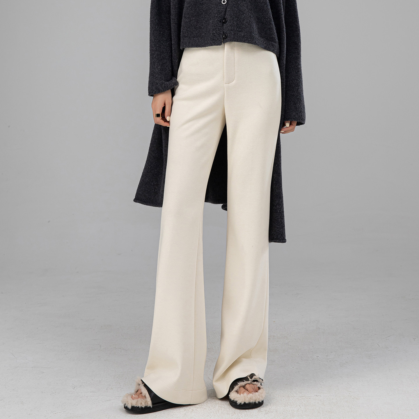 曼依拉白色醋酸羊毛微喇裤女长裤子秋冬厚糯米针织毛呢阔腿喇叭裤,淘宝优惠券,粉丝福利购,淘宝优惠卷