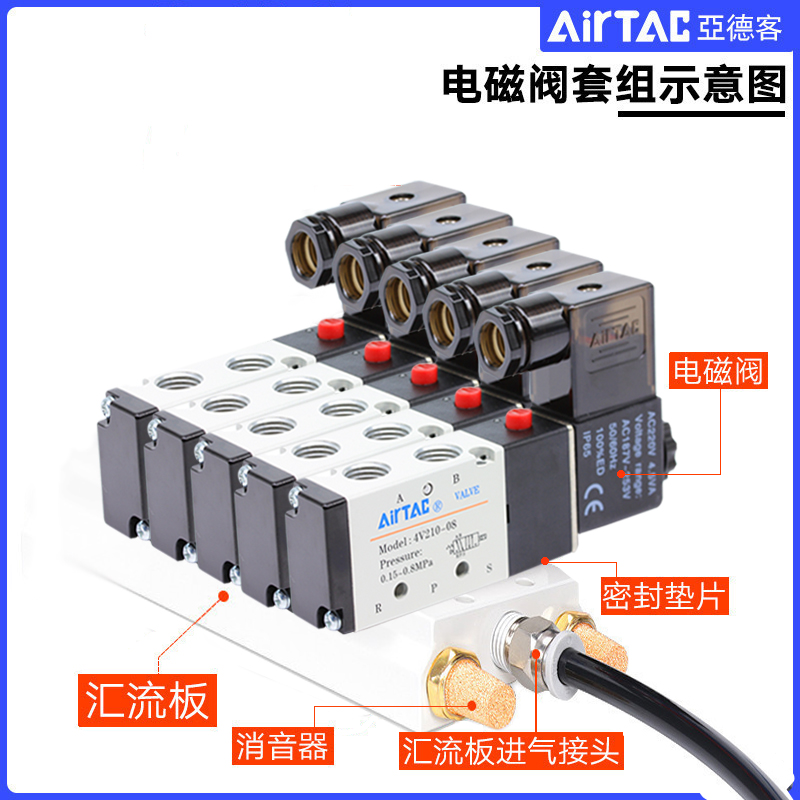 原装亚德客电磁阀4v210一08 24v电磁阀组线圈 气动电磁控制阀220v