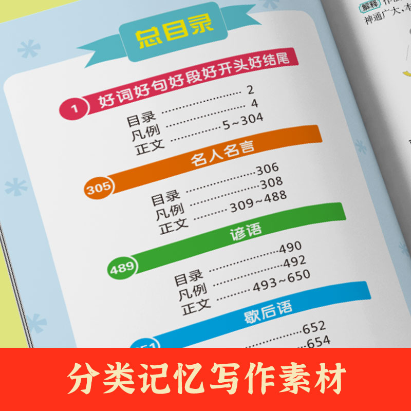 开心教育小学生大语文素材词典彩图大字版1-6年级配故事音频通用版好词好句好段 名人名言 谚语 歇后语 写作文素材积累辅导资料 - 图2