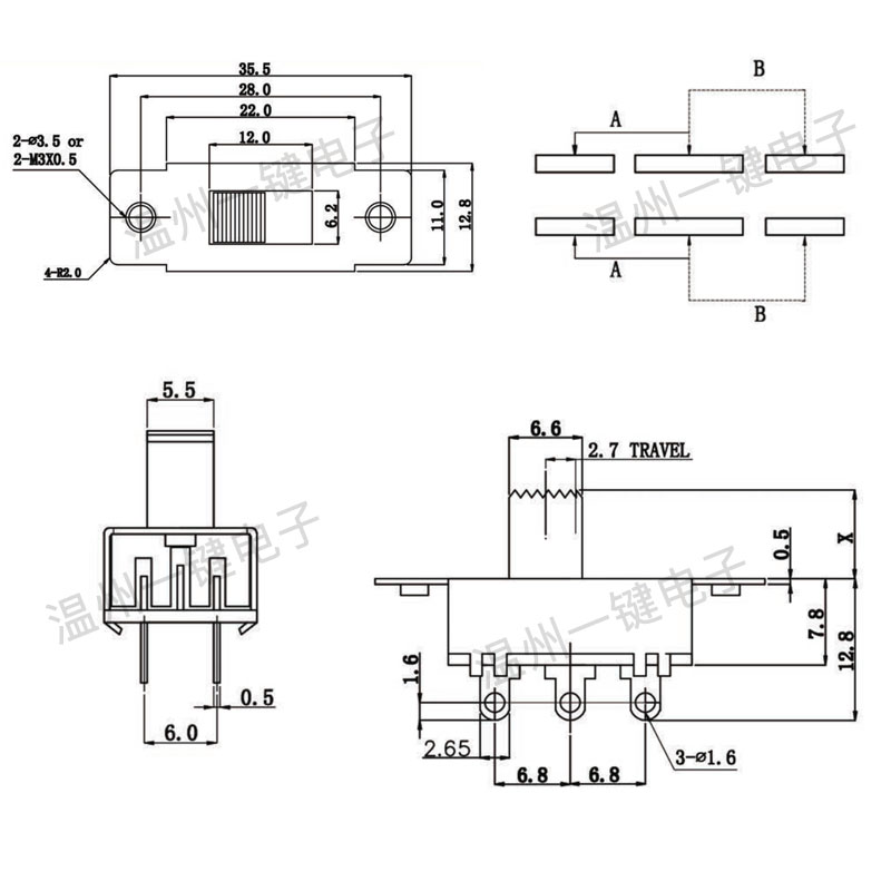 SS-22L05(2P2T)TSH 2档拨动双排 6脚立式车载冰箱吸尘器开关 - 图1