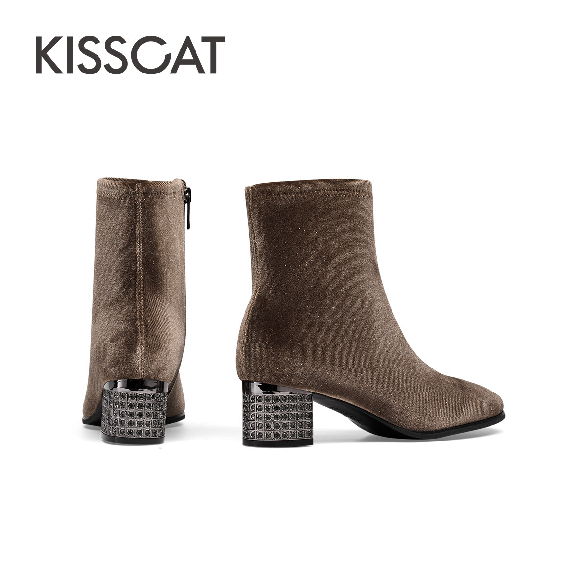 KISSCAT接吻猫新款真皮黑色高跟短靴尖头粗跟高级时装靴女,淘宝优惠券,粉丝福利购,淘宝优惠卷