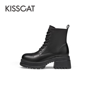 KISSCAT接吻猫2023冬季新款休闲厚底真皮短筒靴圆头加绒马丁靴女