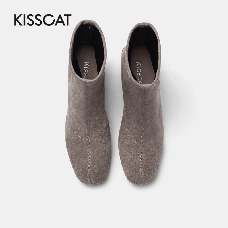 接吻猫秋冬季新款圆头中粗跟潮女鞋 kisscat时装靴