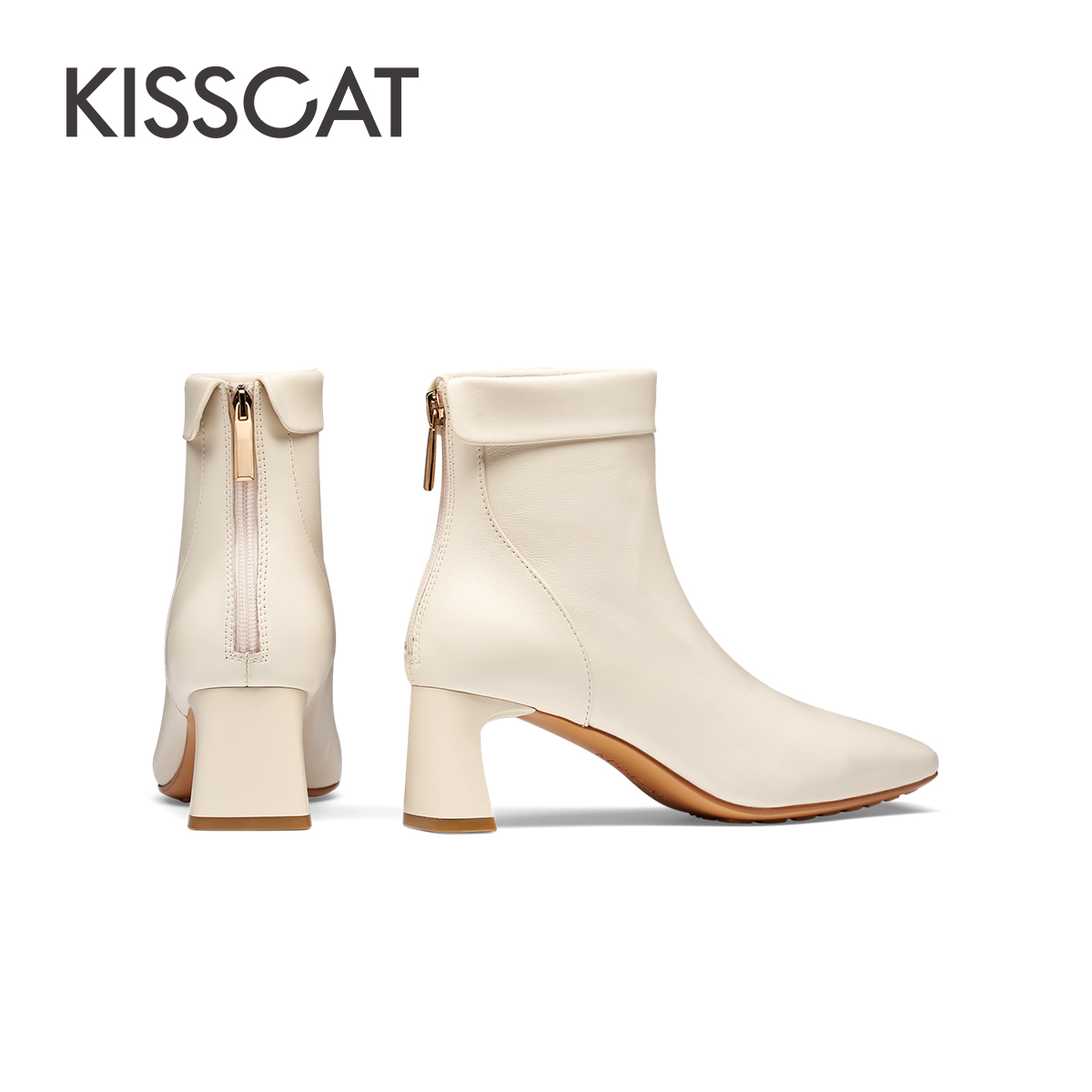 KISSCAT接吻猫2023冬季新款时尚高跟靴简约短靴翻折设计时装靴女
