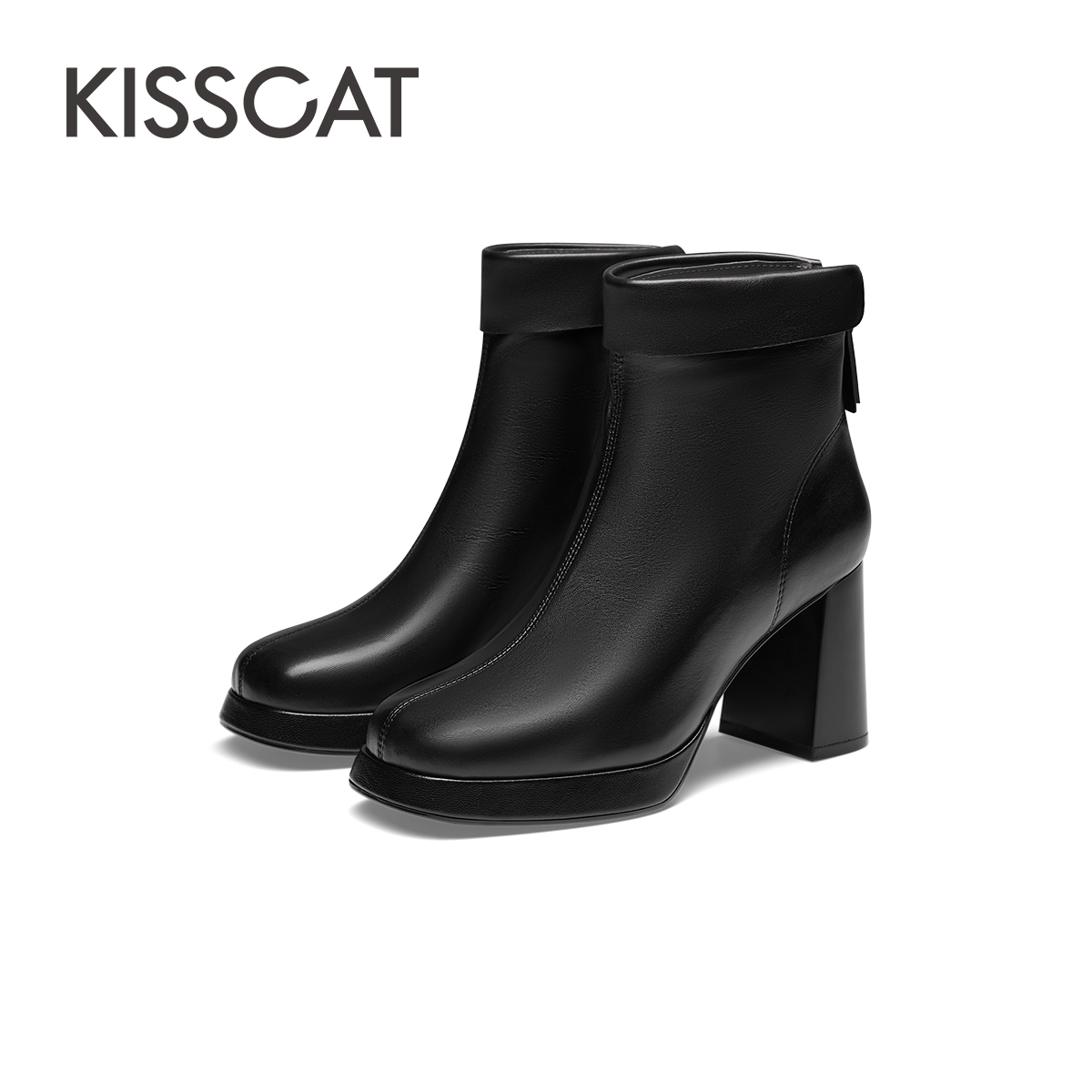KISSCAT接吻猫2023年冬季新品时尚粗跟加绒短靴时尚增高时装靴女