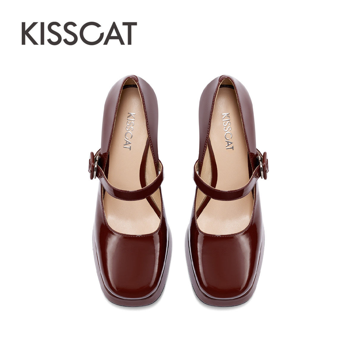 KISSCAT接吻猫红色复古学院风高跟鞋漆皮玛丽珍鞋圆头粗跟单鞋,淘宝优惠券,粉丝福利购,淘宝优惠卷
