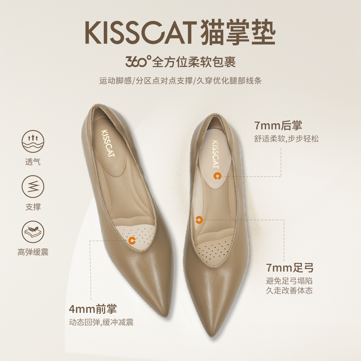 KISSCAT接吻猫[CAT猫掌奶奶鞋]尖头单鞋裸色高跟鞋气质真皮不累脚 - 图0