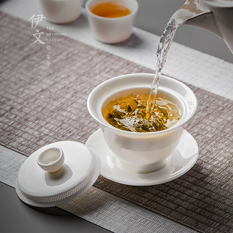 伊文陶瓷 白瓷盖碗 360°度过滤茶碗茶杯三才碗单个手抓壶泡茶具 - 图2