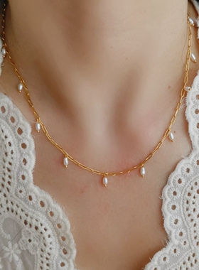 小众水滴米粒珍珠扭片镀金项链女