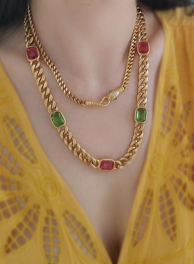 复刻中古夸张古巴链彩色琉璃项链