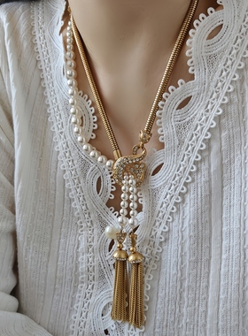 复刻中古轻奢双层珍珠流苏项链
