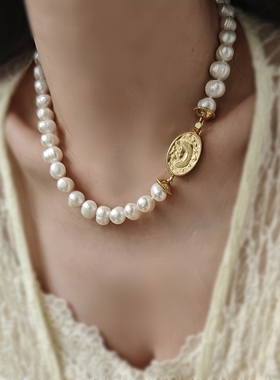 欧美小众复古质感浮雕月亮项链