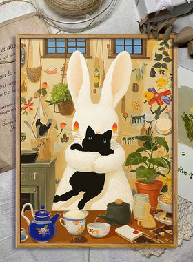 兔子和猫 数字油画diy村上隆风格高级感治愈手工画填色摆件装饰画