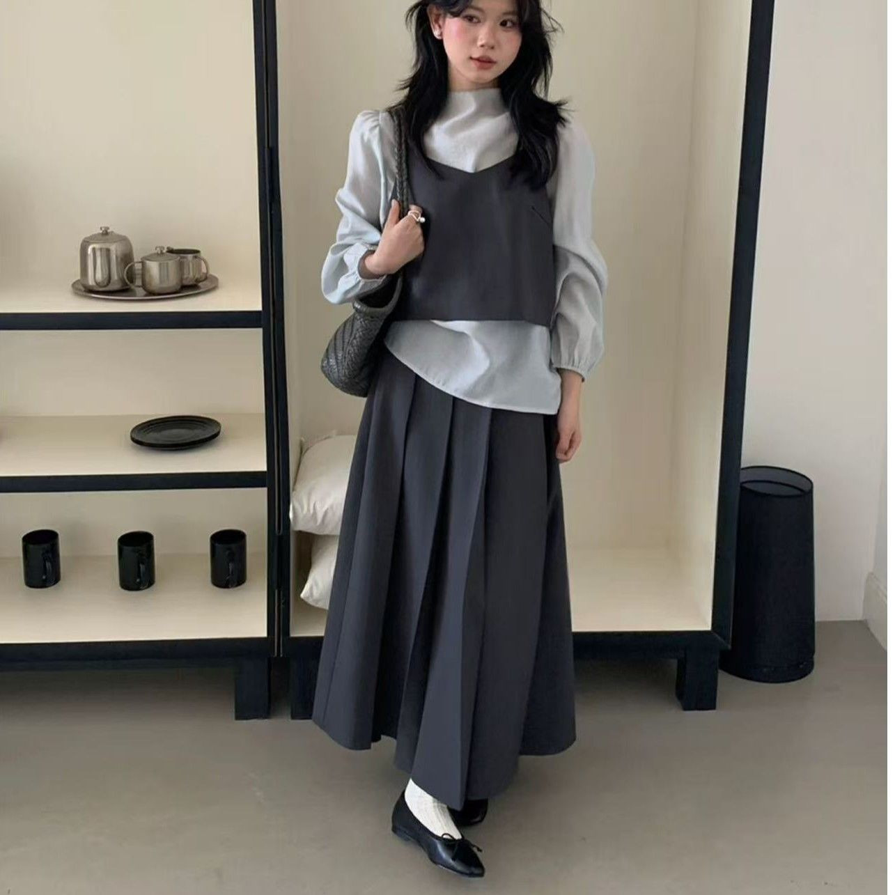 青倾家法式衬衫吊带背心半身裙三件套女秋季韩系气质穿搭一整套,淘宝优惠券,粉丝福利购,淘宝优惠卷