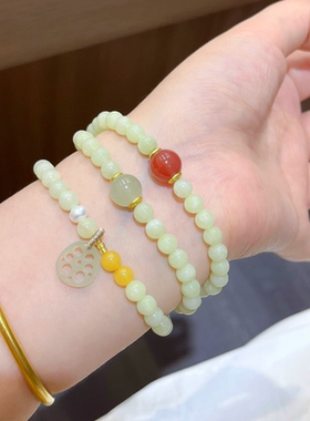 原创设计天然晴水和田玉多圈手链女新中式复古风玛瑙手串藕片吊坠
