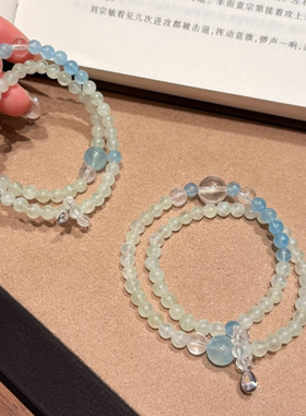 天然海蓝宝白水晶手串女款轻奢小众精致叠戴串珠多圈手链送礼物