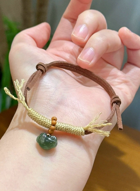 2026年新款天然和田玉如意手链女款原创设计复古简约牛皮绳手链