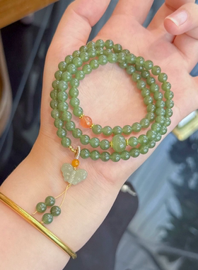 天然和田玉手串多圈手链女碧玉招财转运简约复古饰品文创普陀山集