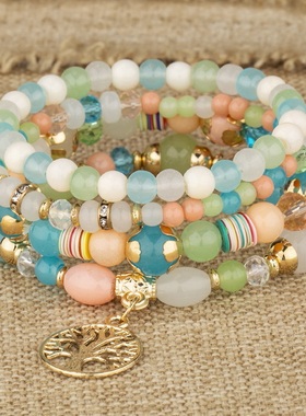 【珠黛饰品】跨境创意玻璃珠串珠分层生命树多层水晶手链 六色