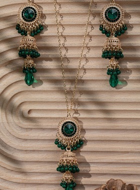 【珠黛饰品】时尚复古女士长款奢华仿大宝石耳环项链套装 六色