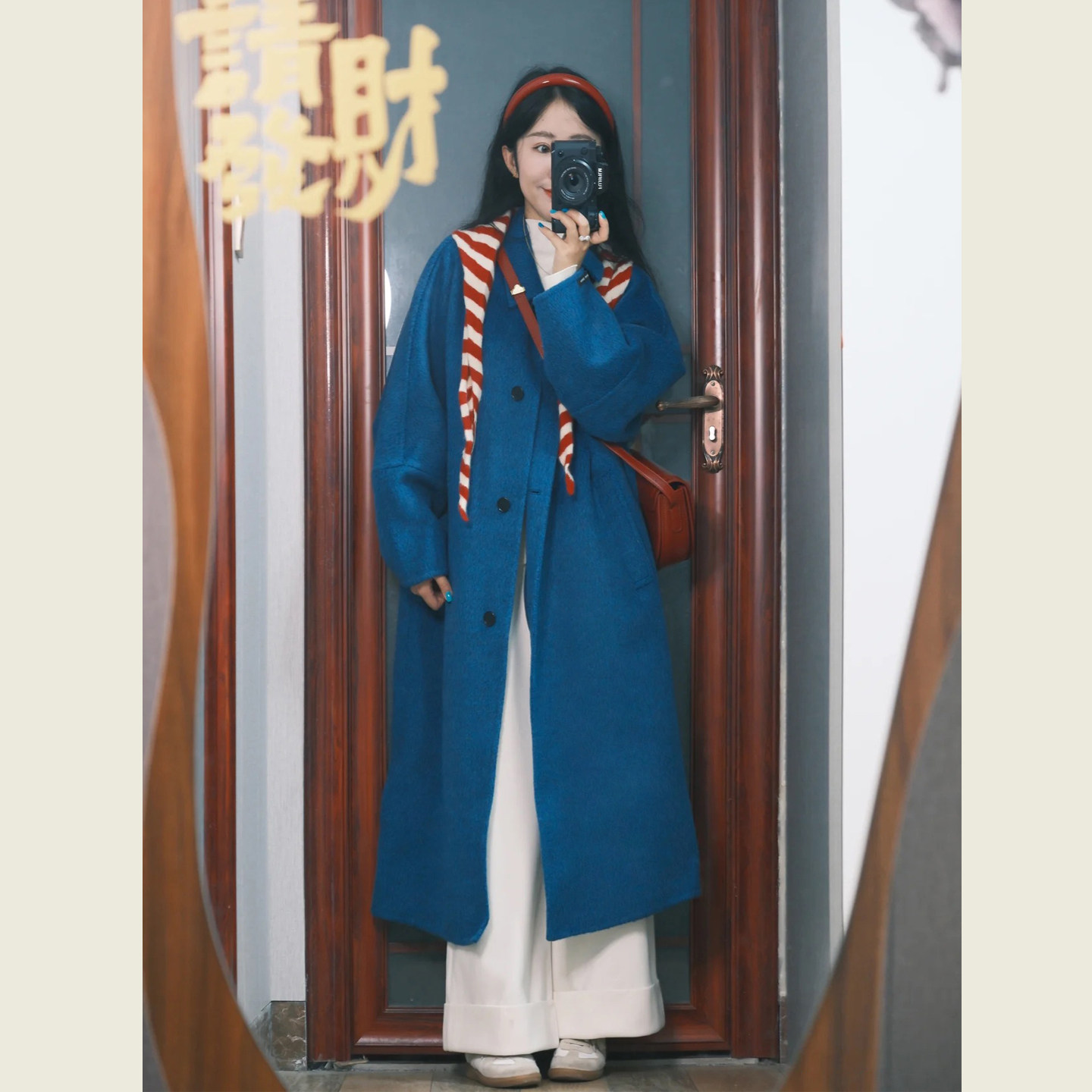 韩系复古蓝色翻领毛呢外套女秋冬季小个子宽松显瘦中长款呢子大衣,淘宝优惠券,粉丝福利购,淘宝优惠卷