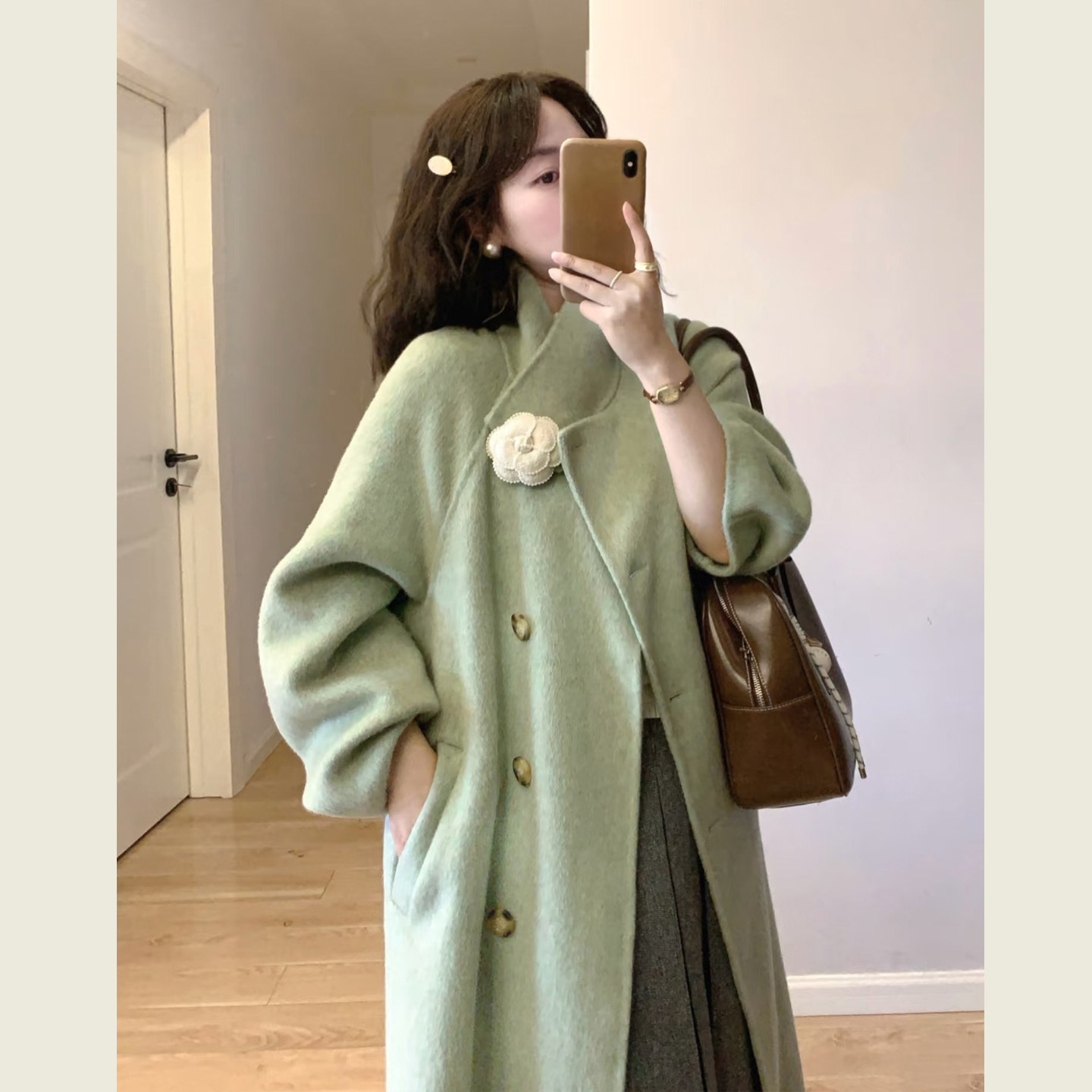 森系复古绿色立领呢子大衣女秋冬季韩版宽松阔显瘦中长款毛呢外套,淘宝优惠券,粉丝福利购,淘宝优惠卷