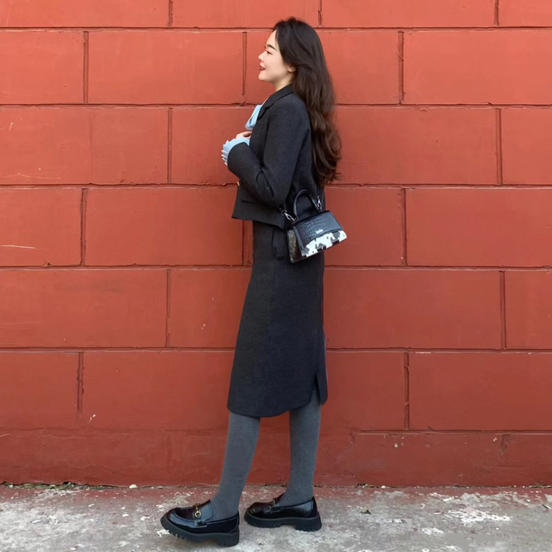 深灰色毛呢套装女秋冬新款韩版通勤短款外套简约显瘦半身裙两件套,淘宝优惠券,粉丝福利购,淘宝优惠卷