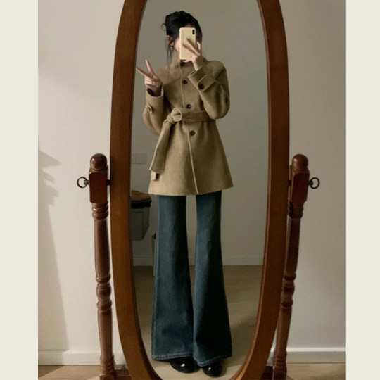 High-end retro khaki stand-up woolen jacket