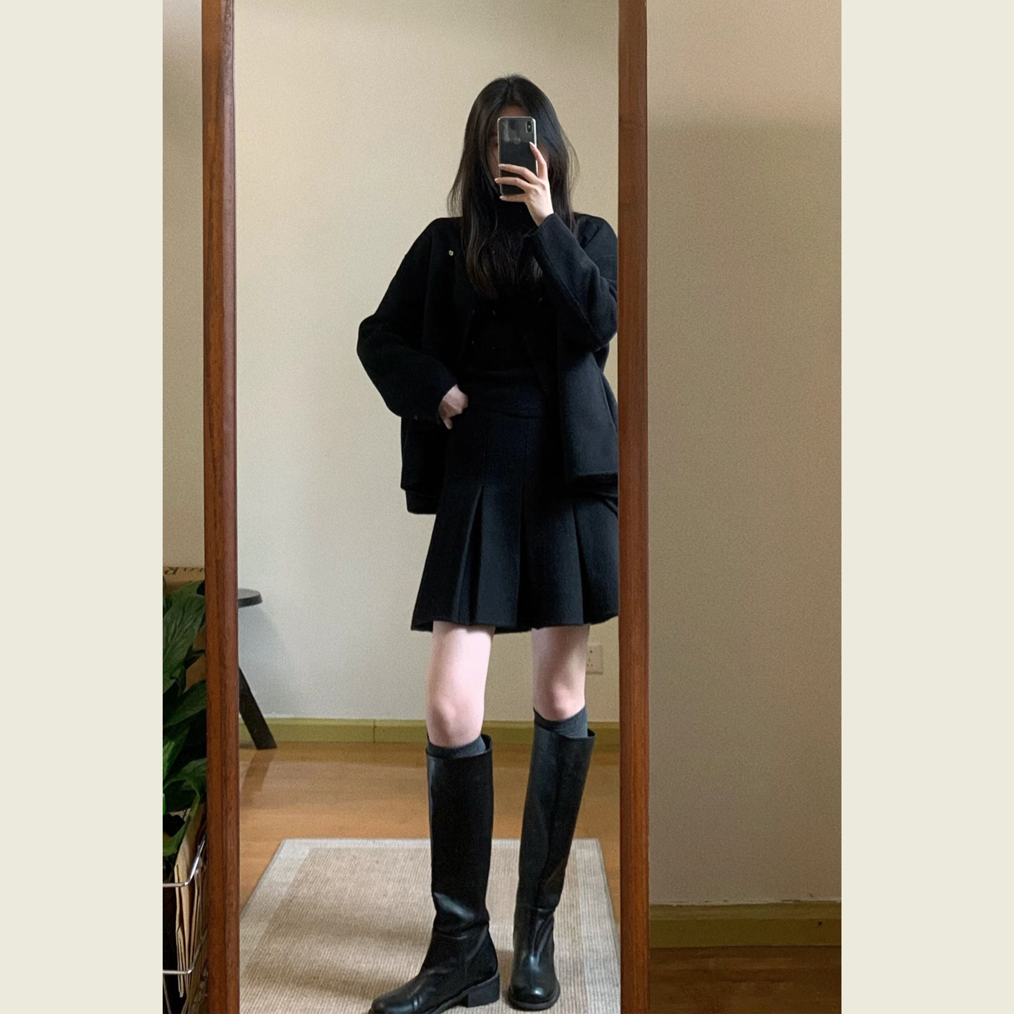 韩系赫本风黑色毛呢套装女冬季斜门襟立领外套百褶半身裙两件套,淘宝优惠券,粉丝福利购,淘宝优惠卷