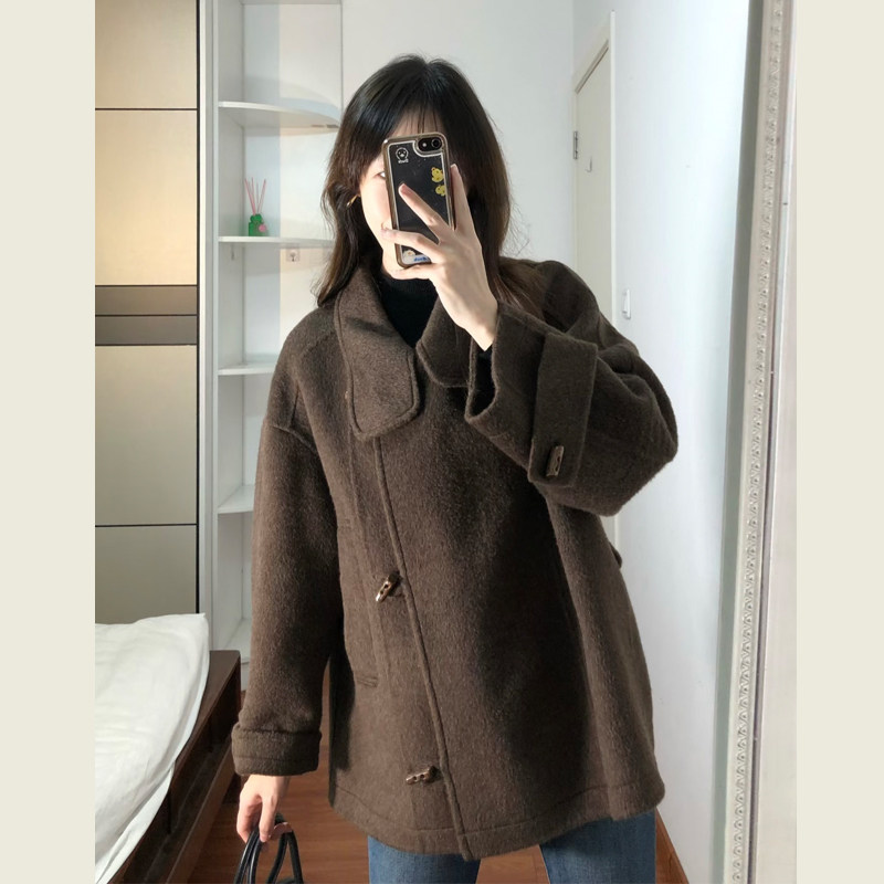 韩系复古咖色立领呢子大衣女秋冬季小个子牛角扣腰带短款毛呢外套,淘宝优惠券,粉丝福利购,淘宝优惠卷
