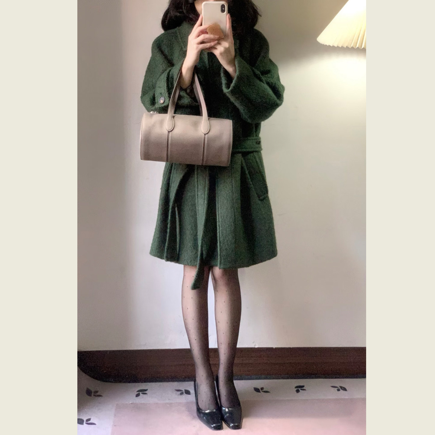 韩系复古绿色立领毛呢外套女秋冬季小个子中长款收腰系带呢子大衣,淘宝优惠券,粉丝福利购,淘宝优惠卷