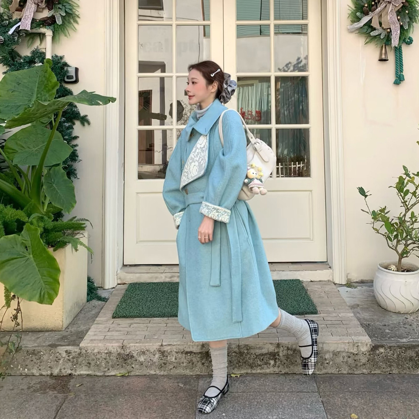 湖水蓝拼接蕾丝双排扣毛呢外套女秋冬季小个子中长款系带呢子大衣,淘宝优惠券,粉丝福利购,淘宝优惠卷