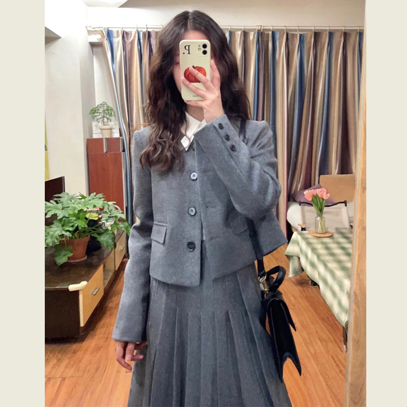 学院风灰色毛呢套装裙女秋冬季高级感显瘦短外套高腰半身裙两件套,淘宝优惠券,粉丝福利购,淘宝优惠卷