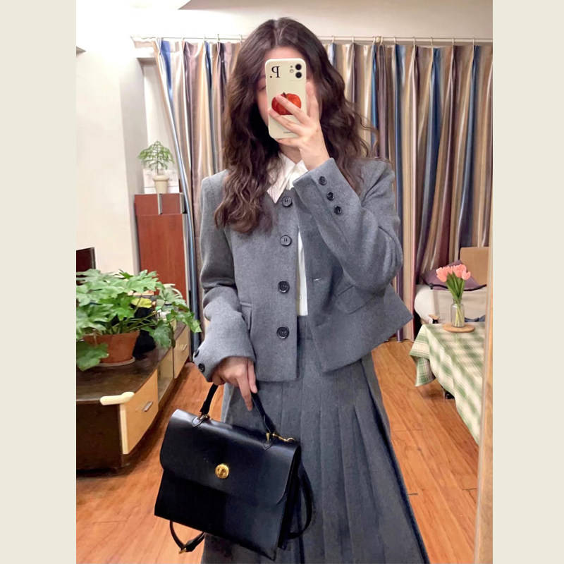 学院风灰色毛呢套装裙女秋冬季高级感显瘦短外套高腰半身裙两件套,淘宝优惠券,粉丝福利购,淘宝优惠卷