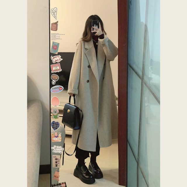 Oatmeal mid-length loose woolen jacket