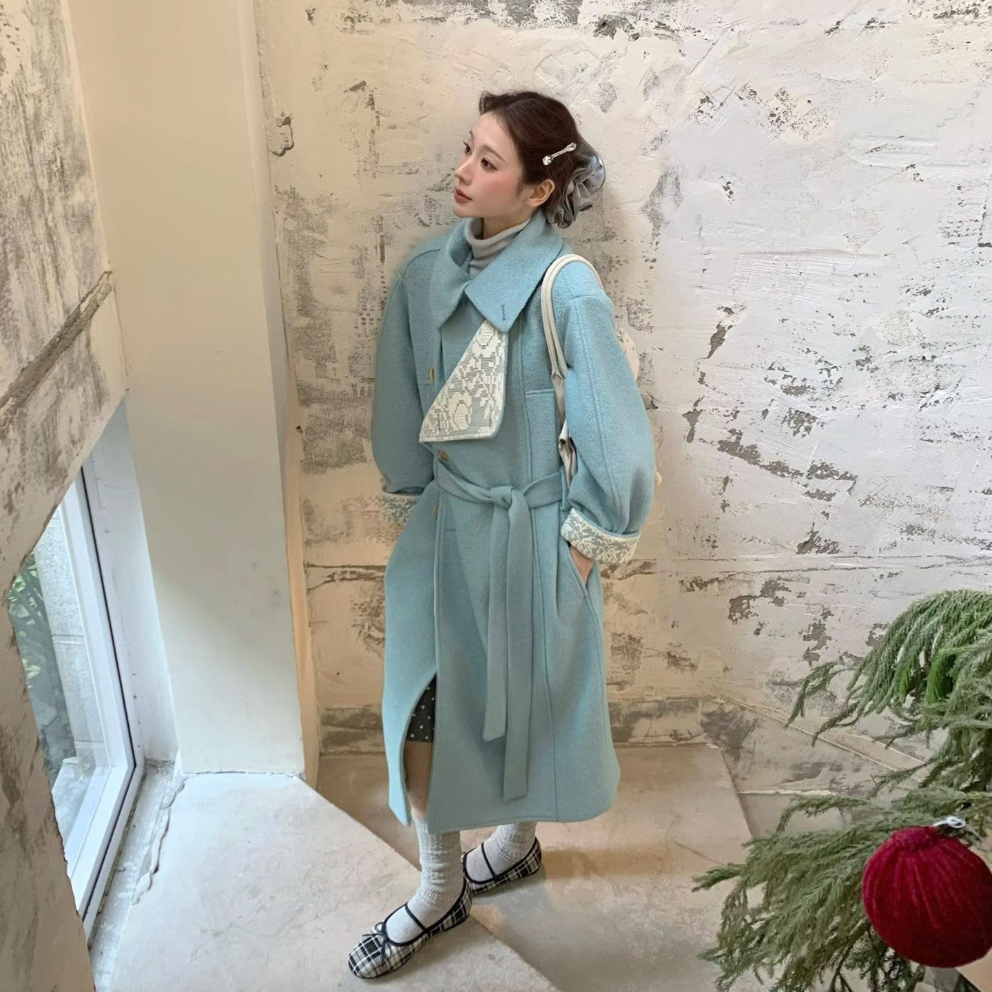 湖水蓝拼接蕾丝双排扣毛呢外套女秋冬季小个子中长款系带呢子大衣,淘宝优惠券,粉丝福利购,淘宝优惠卷