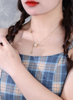 纯银小蛮腰项链女韩版简约几何流苏镶钻吊坠轻奢气质猫眼石锁骨链