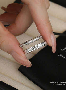 S925纯银冷淡风情侣戒指潮流小众设计感独特纹理满天星对戒食指戒