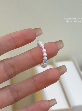 韩版时尚气质百搭圆珠指环女精致个性轻奢串珠弹力绳设计戒指批发