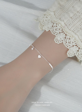 s925纯银光面爱心闪钻手链女简约创意小众设计ins冷淡风纯银手链