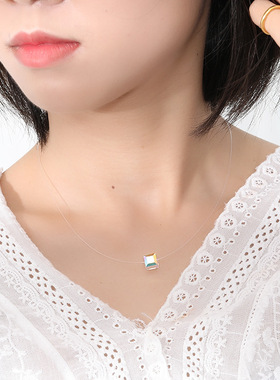 云小舒S925纯银莫桑石项链透明鱼线圆珠锆石吊坠女小清新锁骨链