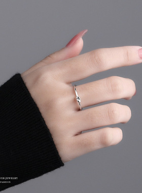 S925银打结戒指女素圈指环开口调节戒简约小众设计感单食指戒批发