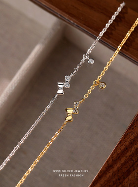 微镶锆石迷你蝴蝶结手链女s999纯银轻奢小众设计足银手饰首饰足银