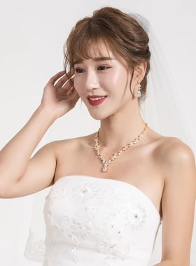 奢华大气锆石晚礼服婚纱晚宴配饰超仙新娘项链耳环套装韩式女金色