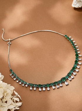 小众复古绿水滴流苏可调锁骨链