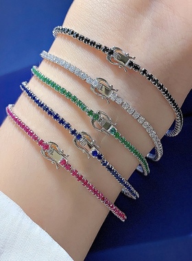 MOMZ魔猫昭昭925银镶嵌锆石银色蓝色玫红单排简约手链新娘高级感