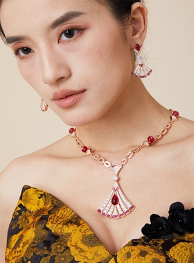 小众奢华高级感欧美夸张绿色红扇子项链耳环新娘晚宴礼服婚纱配饰