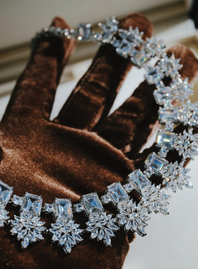 法式复古新娘多层满钻花朵项链